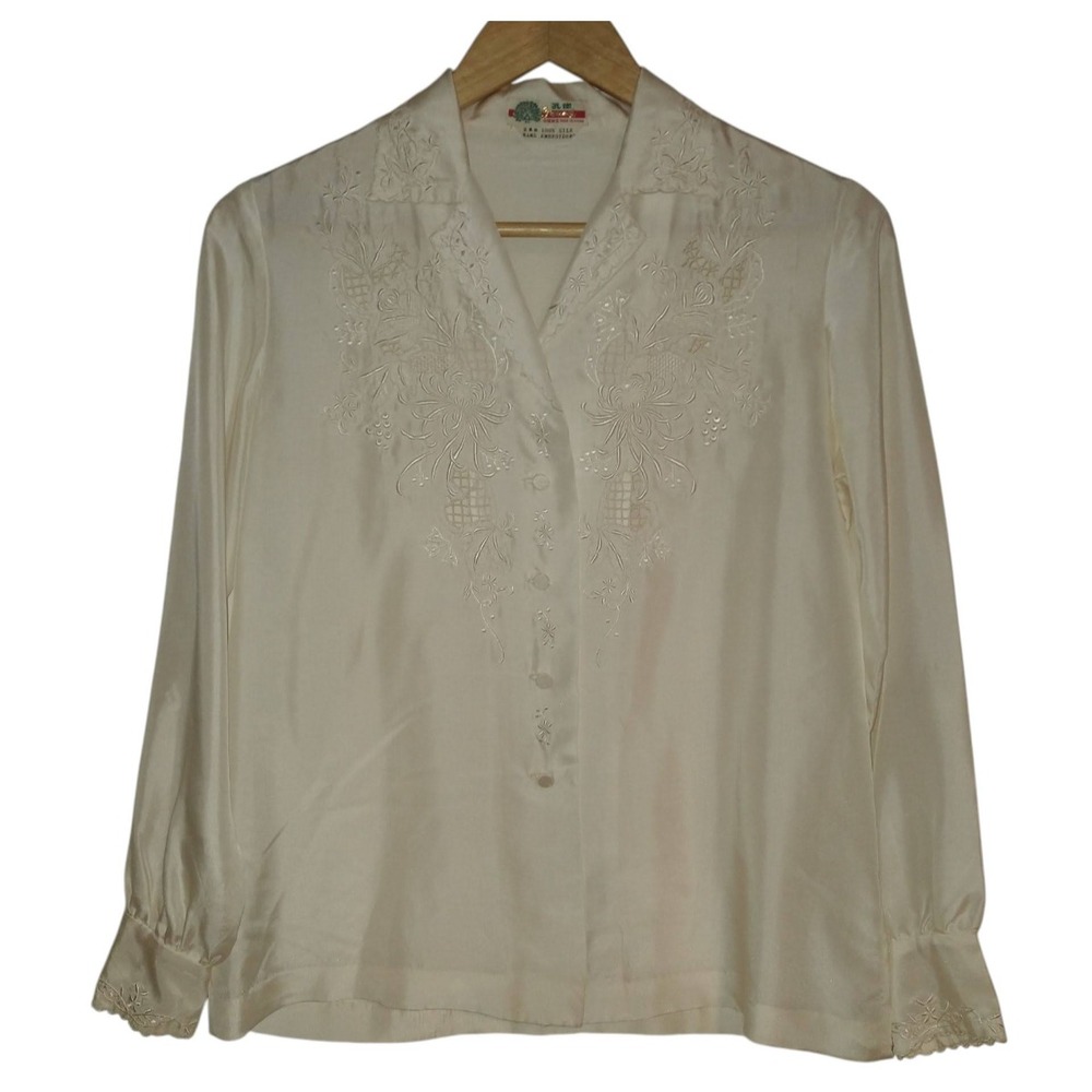 Vintage Peacock 100% Silk Oriental Blouse Hand Emroidered Women's 34 US XS